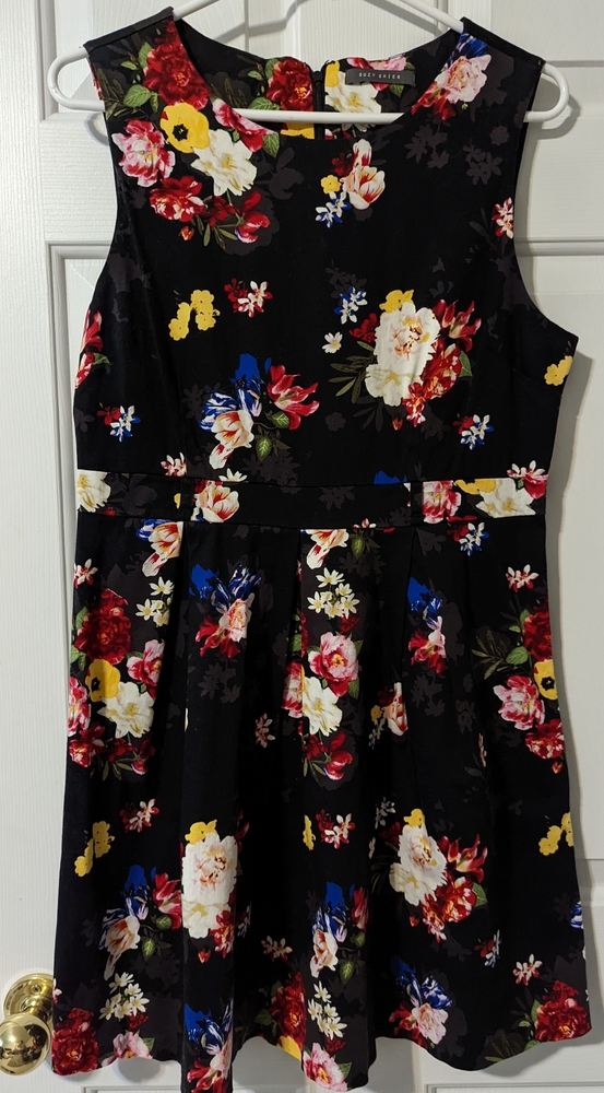 Striking Multi-Coloured Floral Pattern Black Fit Flare Dress